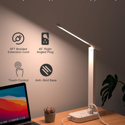 Small LED Desk Lamp Power Strip with 5 ft Cord, 3 Outlets and 4 USB Ports, White