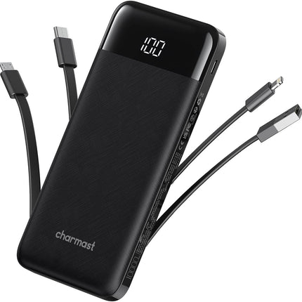 Slim 10000mAh Portable Charger with Built-In Cables