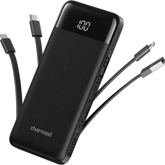Slim 10000mAh Portable Charger with Built-In Cables