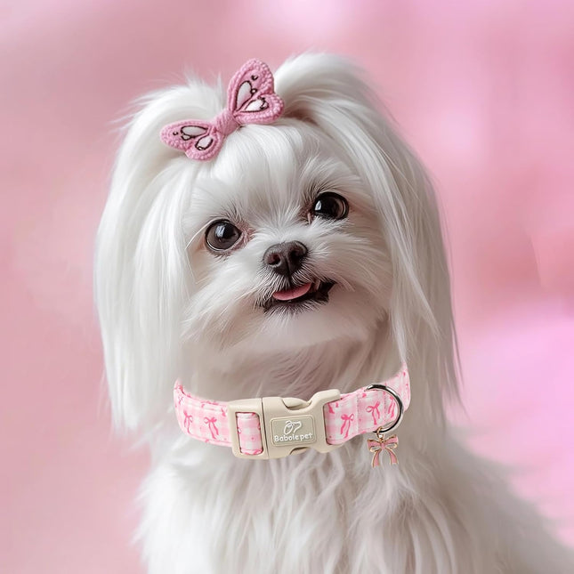 Pink Plaid & Bow Adjustable XS Dog Collar for Puppies and Small Dogs