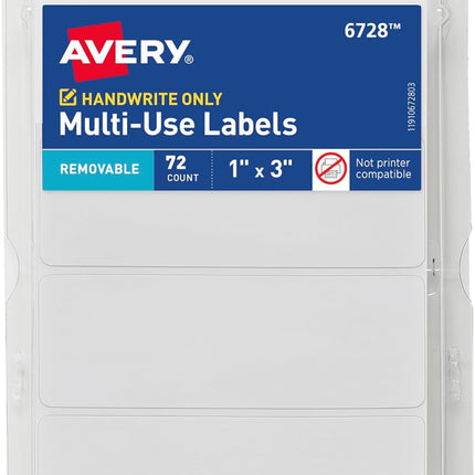 Multi-Use Removable Labels, 1" x 3", White, Non-Printable, 72 Blank Labels Total