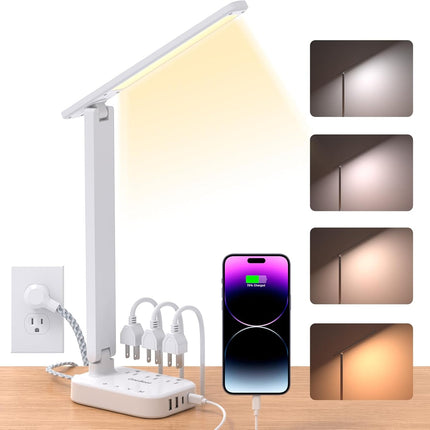 Small LED Desk Lamp Power Strip with 5 ft Cord, 3 Outlets and 4 USB Ports, White