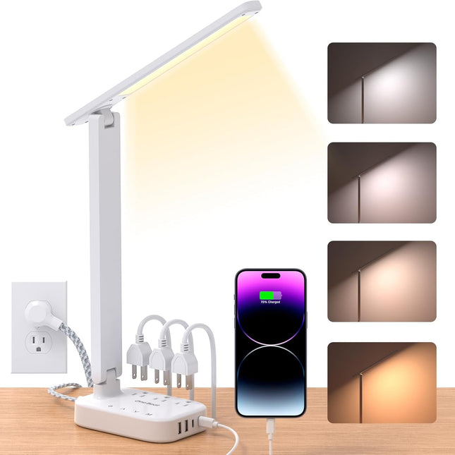 Small LED Desk Lamp Power Strip with 5 ft Cord, 3 Outlets and 4 USB Ports, White
