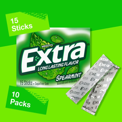 Spearmint Sugarfree Gum Bulk Pack, Individually Wrapped, 15 Count, Pack of 10