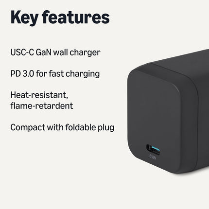 65W Fast Charging USB-C GaN Wall Charger, 1-Port PD 3.1, Compact with Foldable Plug