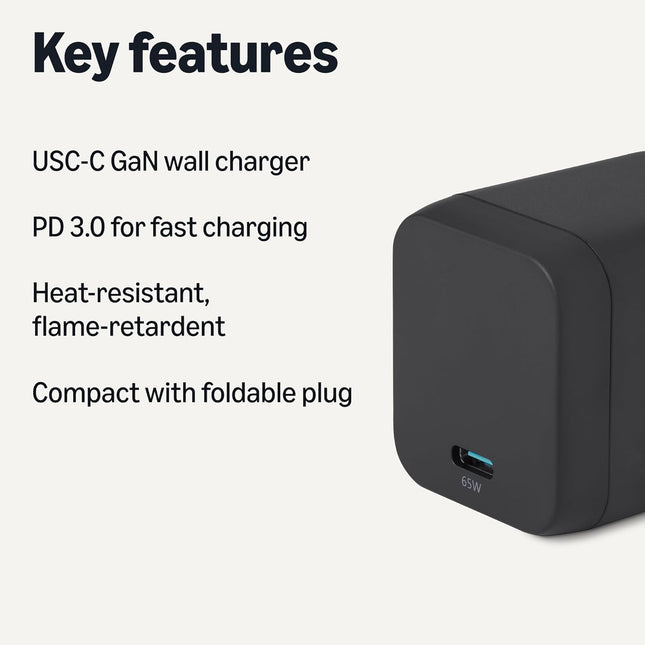 65W Fast Charging USB-C GaN Wall Charger, 1-Port PD 3.1, Compact with Foldable Plug