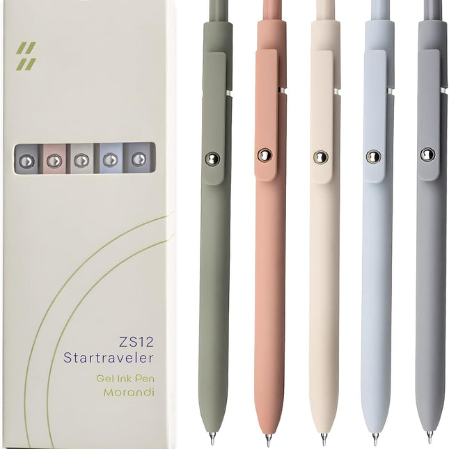 5-Piece 0.5mm Black Ink Gel Rollerball Pen Set, Morandi