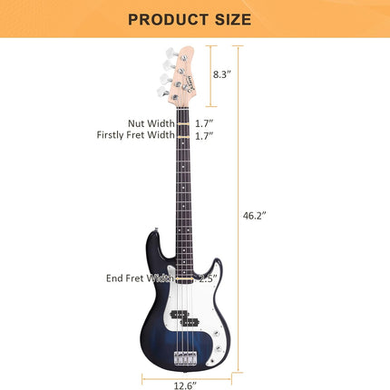 Full Size 4 String Electric Bass Guitar, Dark Blue Fire Style