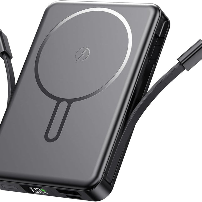 Magnetic Portable Charger with Built-In Cable, 22.5W 10000mAh, Black