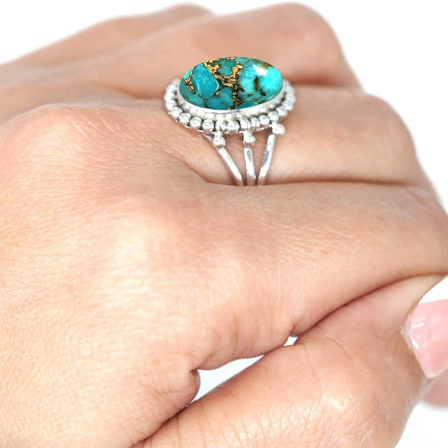 Copper Blue Turquoise 925 Sterling Silver Ring, Size 7.5