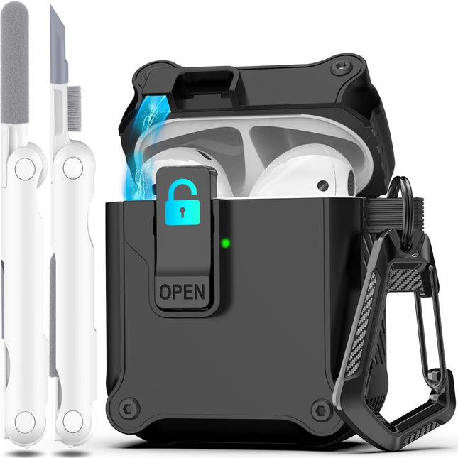 Black Magnetic Lock Earbud Case with Cleaning Kit & Keychain