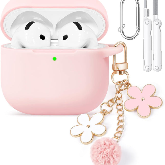 Soft Pink Silicone Protective Case Cover for 4th Generation Earbud Case with Flower Chain