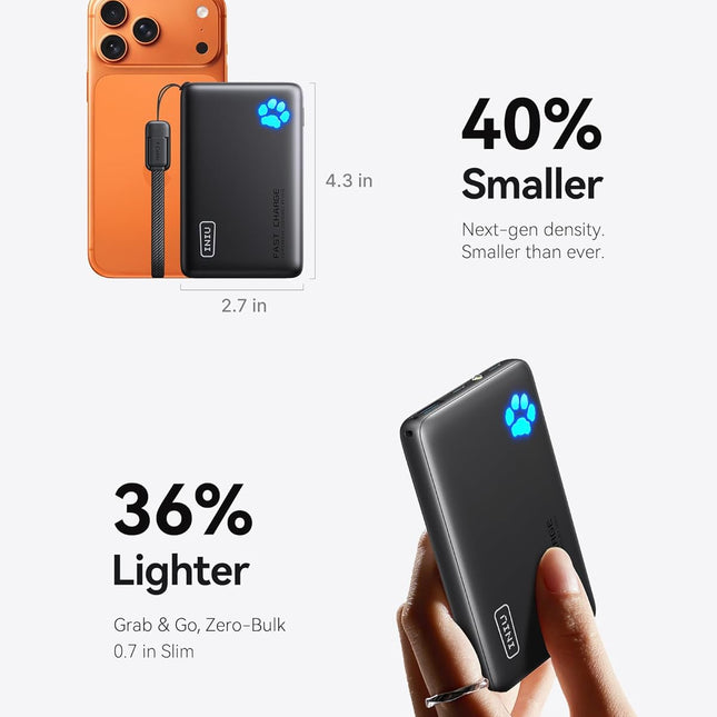 45W Fast Charging Portable Charger, 10000mAh Compact USB-C Power Bank with Detachable Cable