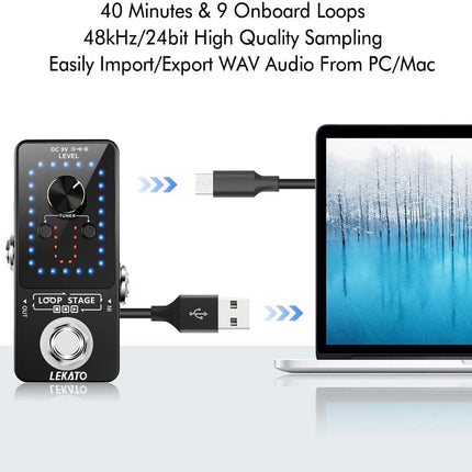 Black Guitar Looper Pedal with Tuner, 9 Loops and 40 Minutes