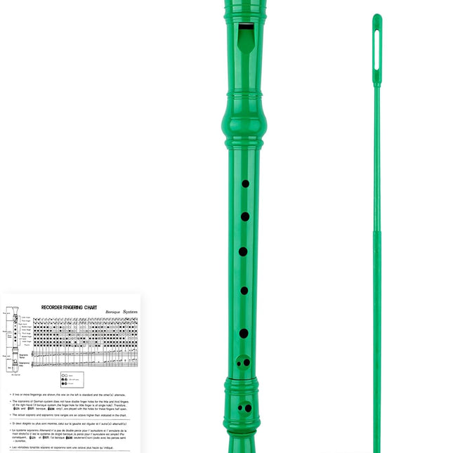 Green 8-Hole Soprano Descant Recorder with Cleaning Rod and Case Bag