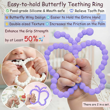 2 Pcs Silicone Butterfly Baby Teething Rings, White and Purple