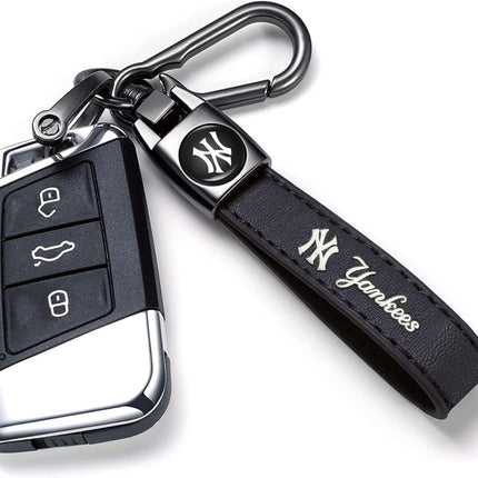 Genuine Leather Baseball Fan Keychain in Black