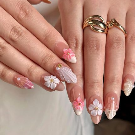 3D Almond French Press-On Nails, Size S