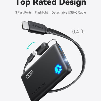 45W Fast Charging Portable Charger, 10000mAh Compact USB-C Power Bank with Detachable Cable