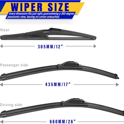 3-Piece Windshield Wiper Blade Set for Rogue and Pathfinder - 26 in/17 in/12 in
