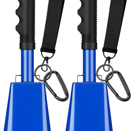 Blue 10 Inch Cow Bells with Handle and Wrist Strap, 2 Pack