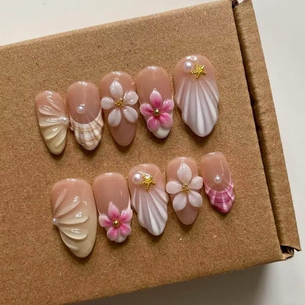 3D Almond French Press-On Nails, Size S