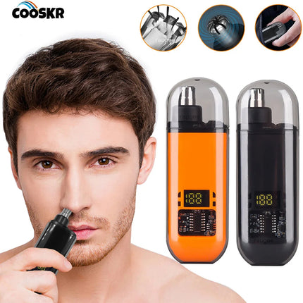 Electric nose hair trimmer disassembled showing cleaning and maintenance