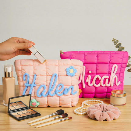 GlowEssence EsenciaLuz Quilted Makeup Bag with 3D Rope Embroidery, Custom Name Puffer Cosmetic — Beauty & Self-Care