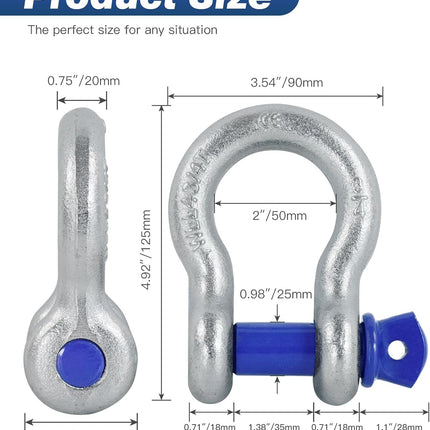 2 Pack 3/4 in. D Ring Shackles with 7/8 in. Screw Pins