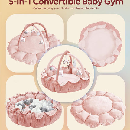 5-in-1 Thick Plush Baby Play Gym Mat with 6 Sensory Toys, Pink