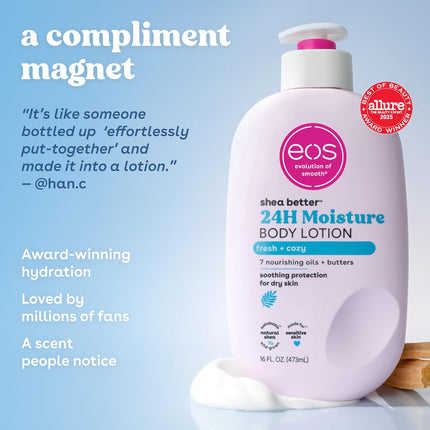 eos 24H Moisture Travel Body Lotion- Fresh & Cozy, Travel Size Essential, Toiletries, Mini Body Lotion, 2.5 fl oz
