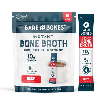 Beef Bone Broth Instant Powdered Mix Packets | 5g Collagen | 10g Protein | Keto & Paleo Friendly | No Artificial Flavors | Rich Savory On-the-Go 16 Pack