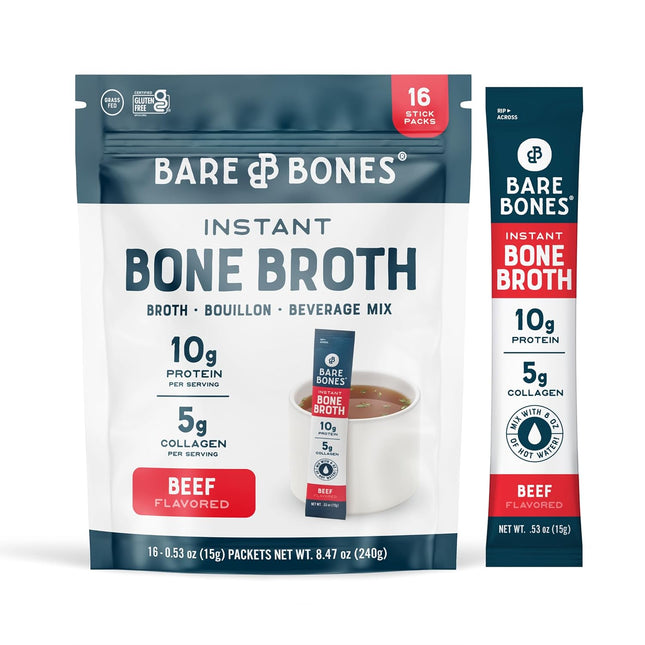 Beef Bone Broth Instant Powdered Mix Packets | 5g Collagen | 10g Protein | Keto & Paleo Friendly | No Artificial Flavors | Rich Savory On-the-Go 16 Pack