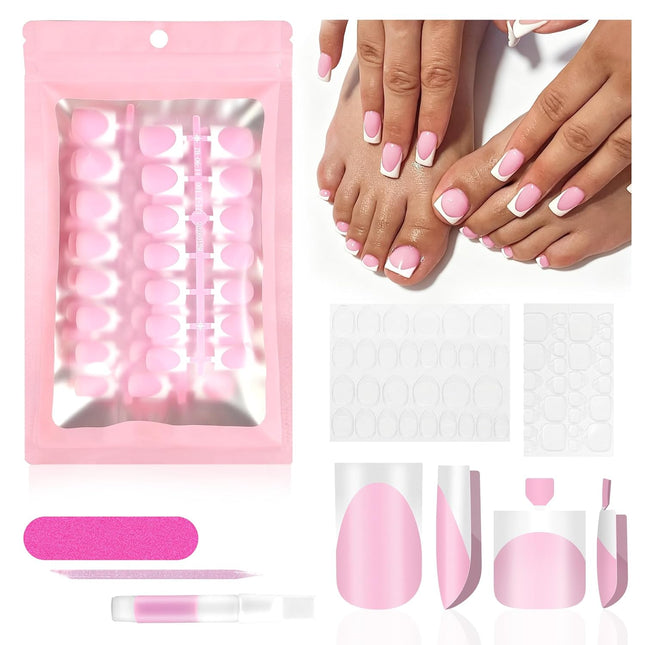 60Pcs Light Pink French Tip Press on Nails & Press on Toenails Set