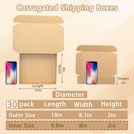 30 Pack 10x8x2 Brown Corrugated Shipping Boxes
