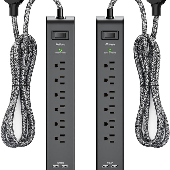 2-Pack Surge Protector Power Strip with USB Ports and Flat Plug