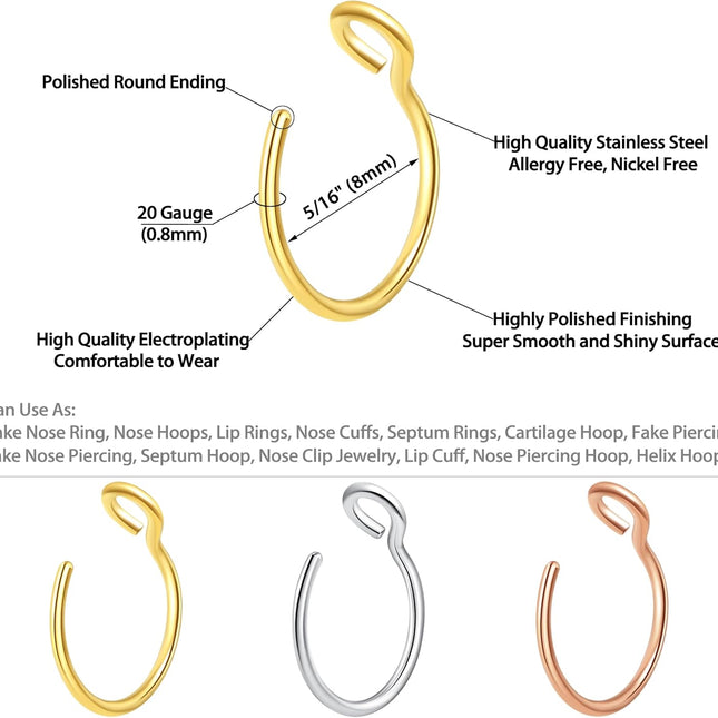 Clip-On Nose Ring Hoop Set for Nose, Septum, Lip, Helix and Cartilage Styling