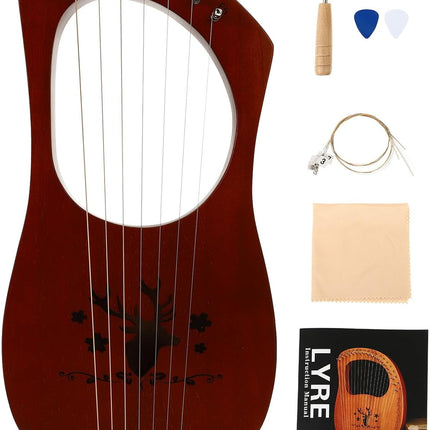 7-string Wooden Lyre Harp, Vintage Reindeer Design