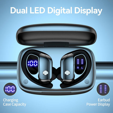 Wireless Bluetooth Earbuds with LED Display Case, Over-Ear Hook, Mic, Stereo Sound, Button Controls, Black