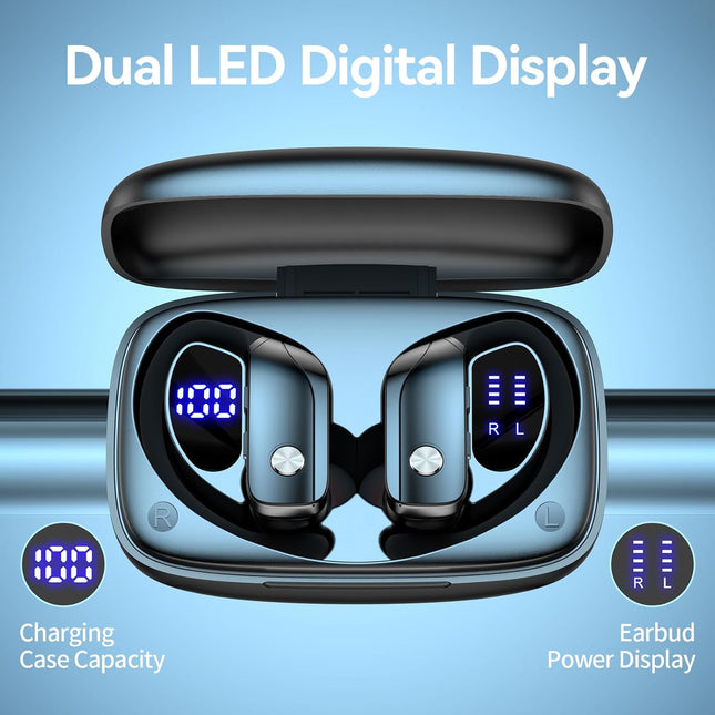 Wireless Bluetooth Earbuds with LED Display Case, Over-Ear Hook, Mic, Stereo Sound, Button Controls, Black