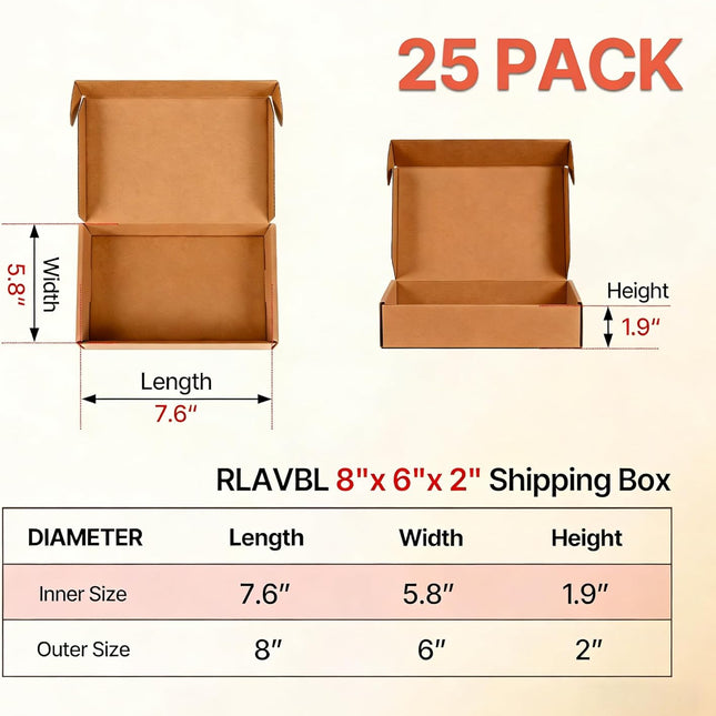 8x6x2 inches Small Shipping Boxes 25 Pack, Corrugated Cardboard Gift Boxes, Mailing Boxes