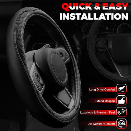 Black Microfiber Leather Steering Wheel Cover, Universal 14.5-15 Inch