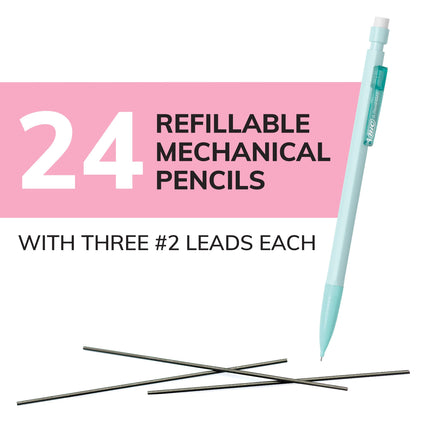 Pastel Xtra-Smooth Mechanical Pencils with Erasers, 0.7mm, 24 Count