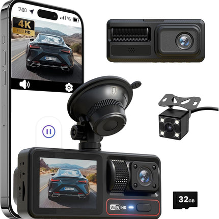 3 Channel Dash Camera for Cars with 4K Front, Rear and Inside Recording