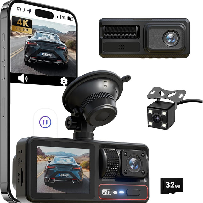 3 Channel Dash Camera for Cars with 4K Front, Rear and Inside Recording