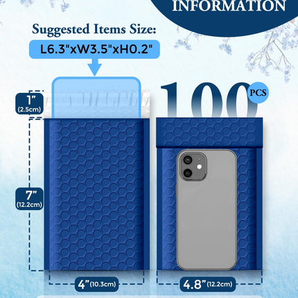 Blue Bubble Mailers 4x8 100 Pack, Self-Seal Padded Envelopes