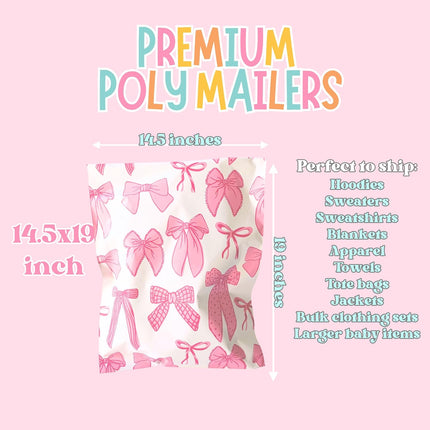 6x9 Colorful and Stylish 100 Pack Poly Mailer Bags with Unique Designs, Ribbon Bow