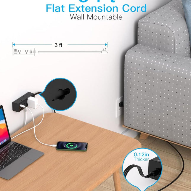 5-15FT Extension Cord Power Strip with Flat Plug, 6 Outlets and 3 USB Ports