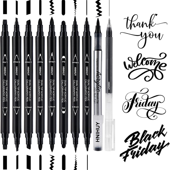 Dual Tip Black Acrylic Calligraphy Pens, 10 Sizes