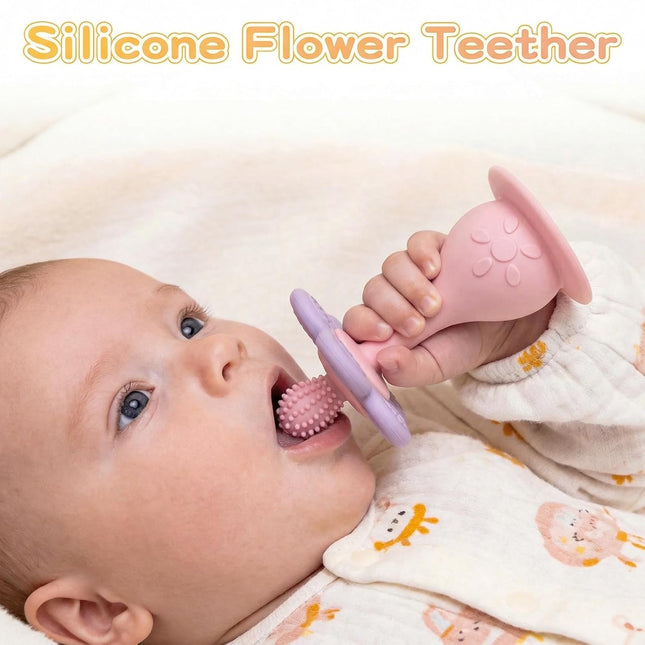 Baby Silicone Flower Teether & Rattle Toy, Pink
